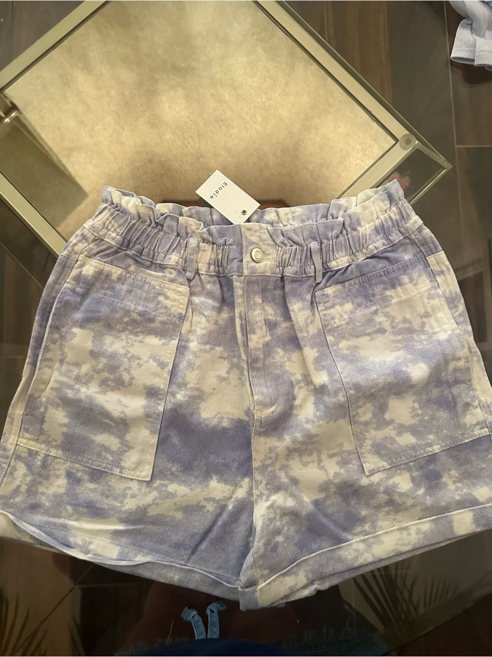 NWT ELODIE Women's tie dye blue Elastic High Waist Jean Shorts 100% cotton Sz XL